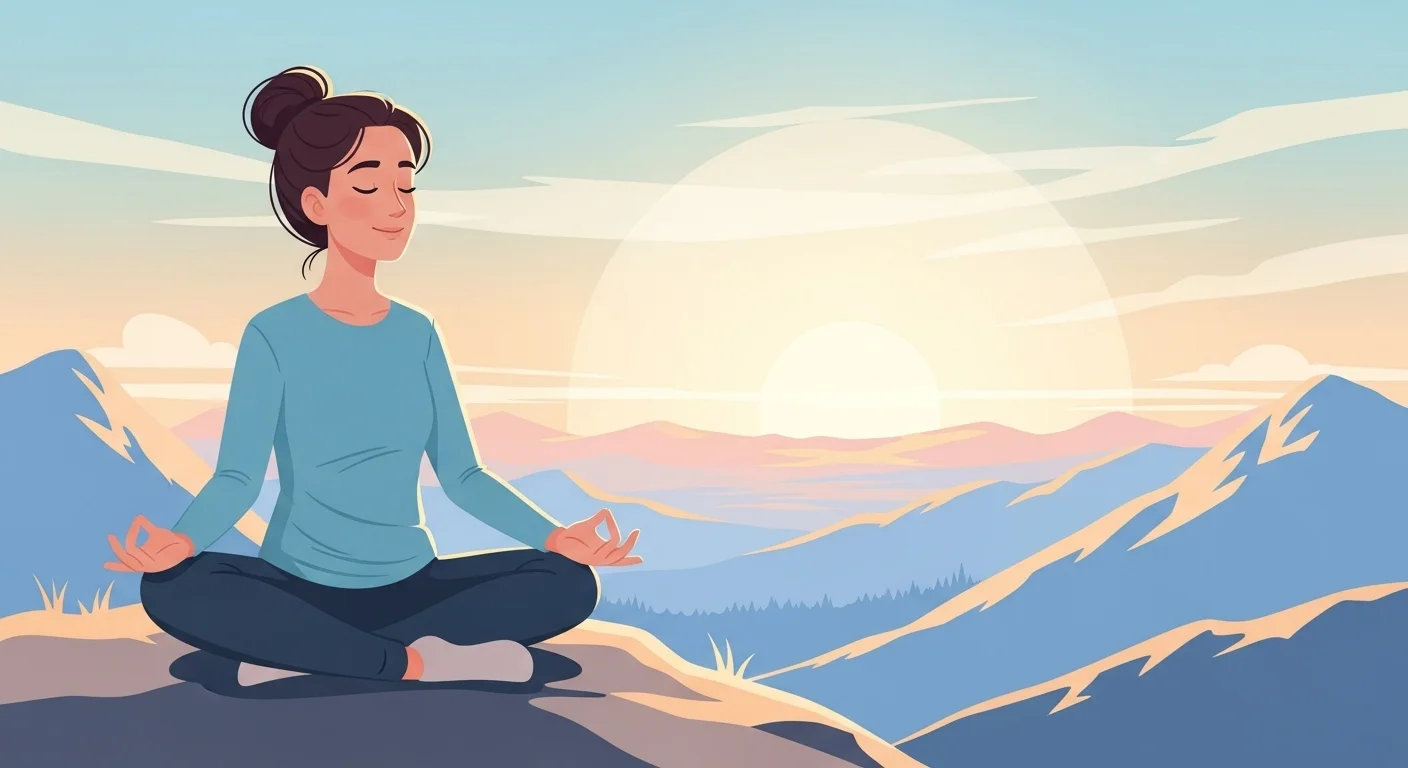 Eine ruhige Person meditiert auf einem Berg mit Blick auf einen Sonnenuntergang, symbolisierend Entspannung und Loslösung vom Digitalen. Bitte keine Schriftzüge oder Zahlen oder allgemeine Zeichen auf dem Bild.