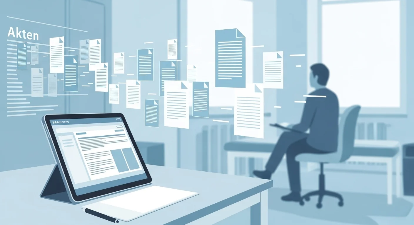 Eine ruhige, moderne Arztpraxisatmosphäre, in der ein Tablet auf einem Schreibtisch liegt und im Hintergrund eine digitalisierte Darstellung von Akten sichtbar ist. Fokus auf klare Linien und Technologieintegration. Keine Schriftzüge, Zahlen oder Symbole.