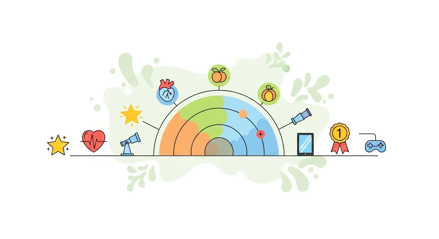 Eine abstrakte Darstellung von Spielmechanismen, die mit Gesundheitselementen verschmelzen. Es könnten Icons wie Sterne, Medaillen und Fortschrittsbalken mit medizinischen Symbolen wie Herzen, Stethoskopen oder Pillen kombiniert sein. Wichtig ist, dass keine Schriftzüge, Buchstaben, Zahlen oder beliebige Zeichen enthalten sind.