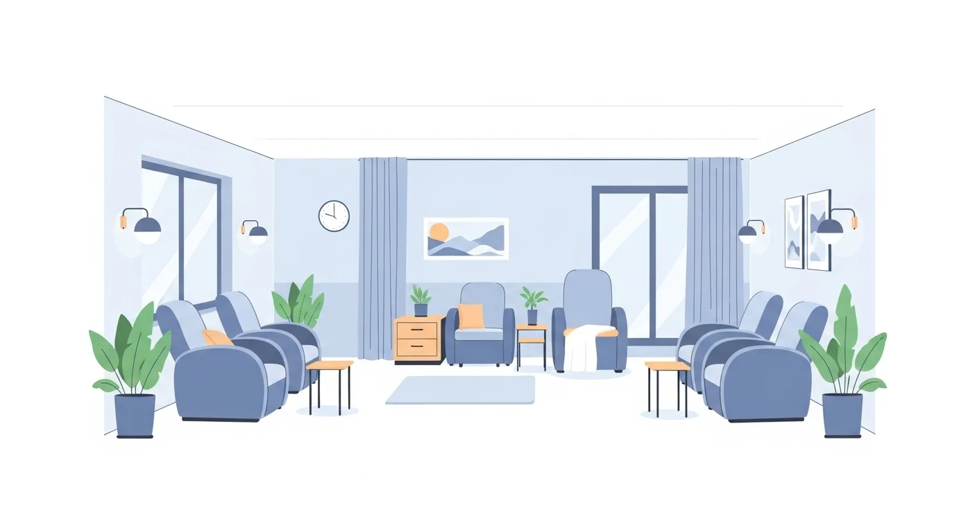 Eine stilvolle und moderne Arztpraxis-Rezeption, menschenleer, mit bequemen Sitzgelegenheiten, Grünpflanzen und gedämpfter Beleuchtung, die eine ruhige und entspannende Atmosphäre vermittelt. Keine Schriftzüge, Buchstaben, Zahlen oder beliebige Zeichen.