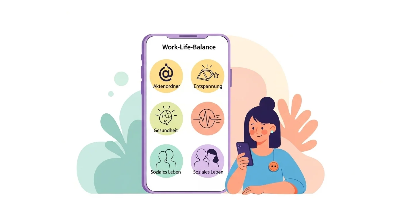 Eine schematische Darstellung von einem Smartphone, das verschiedene Symbole für Work-Life-Balance-Aspekte wie Arbeit, Familie, Entspannung und Gesundheit zeigt, ohne jegliche Schriftzüge, Buchstaben, Zahlen oder andere beliebige Zeichen.