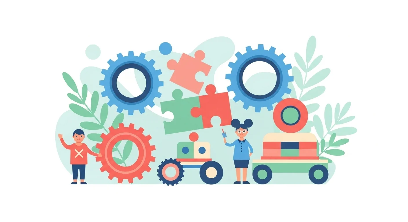 Eine bunte, abstrakte Darstellung von Zahnrädern, Puzzleteilen und stilisierten Spielfiguren, die ineinandergreifen. Das Bild symbolisiert spielerische Zusammenarbeit und Prozessoptimierung in einem medizinischen Kontext, ohne jegliche textliche Elemente, Schriftzüge, Buchstaben, Zahlen oder beliebige Zeichen.