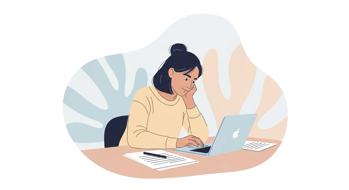 Eine ruhige Szene, die tiefe Konzentration darstellt: Eine Person mit gesenktem Kopf, umgeben von gedämpftem Licht, vielleicht vor einem Laptop oder einem Stapel Unterlagen, umgeben von leeren Räumen oder unscharfen Hintergründen, die Ruhe symbolisierend. Keine Schriftzüge, Logos, Buchstaben oder Zahlen.